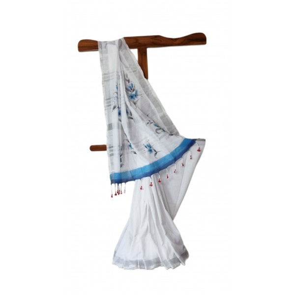 Hand painted Khadi Cotton White with Dainty Blue Flowers