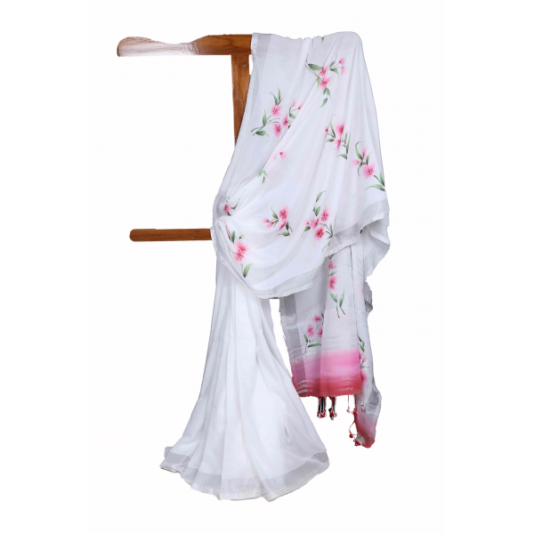 Hand painted Khadi Cotton White with Pink Flowers